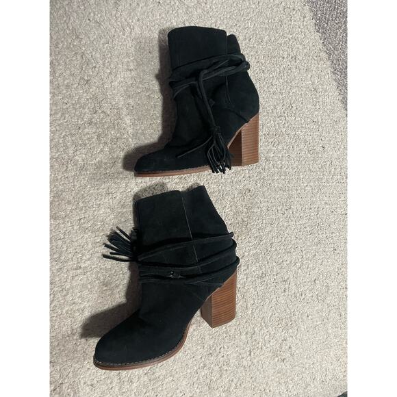 Aldo Contessina Ankle Boots Tie Womens Sz 7 Leather Black Almond Toe Stack Heel - Picture 4 of 11